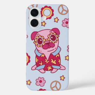 Groovy Pug Vibes Retro Peace And Flowers iPhone 16 Case