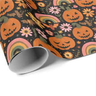 Groovy Pumpkin and Rainbow Halloween Floral Wrapping Paper