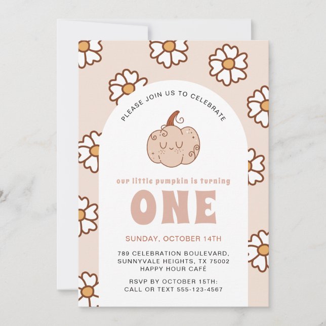 Groovy Pumpkin Daisies Retro Boho First Birthday  Invitation (Front)