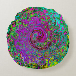 Groovy Purple Abstract Retro Liquid Swirl Round Cushion