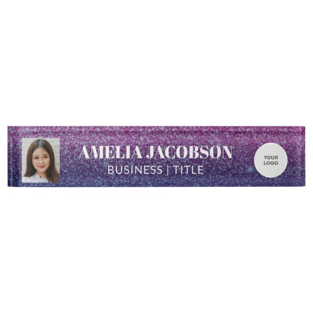 Groovy Purple Glitter Custom Photo and Logo Nameplate (Front)