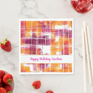 Groovy Purple Orange Plaid Stripes Birthday Napkin