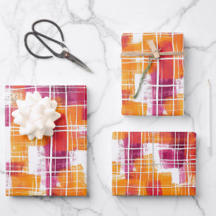 Groovy Purple Orange Plaid Stripes Birthday Wrapping Paper Sheet