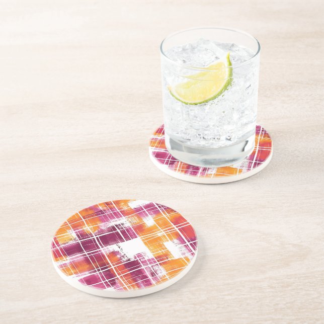Groovy Purple Orange Plaid Stripes Coaster (Side)