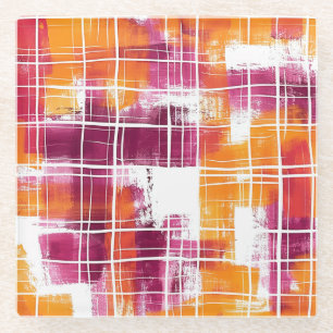 Groovy Purple Orange Plaid Stripes Glass Coaster