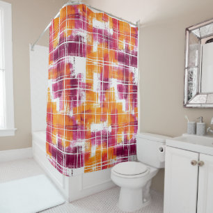Groovy Purple Orange Plaid Stripes Shower Curtain