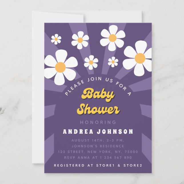 Groovy Purple Retro Hippie 70s Daisy Baby Shower Invitation (Front)