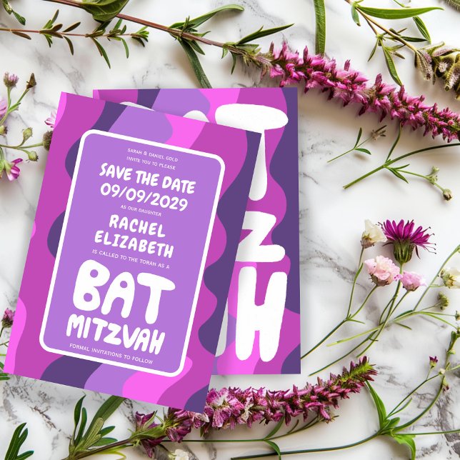 Groovy Purple Waves Custom Bat Bar Bnai Mitzvah Save The Date (Groovy Purple Waves Custom Bat Bar Bnai Mitzvah Save The Date card)