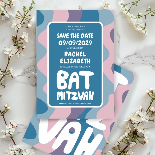 Groovy Purple Waves Custom Bat Bar Bnai Mitzvah Save The Date (Groovy Purple Waves Custom Bat Bar Bnai Mitzvah Save The Date Card)
