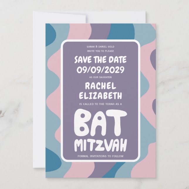 Groovy Purple Waves Custom Bat Bar Bnai Mitzvah Save The Date (Front)