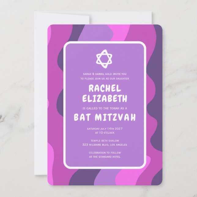 Groovy Purple Waves Star David Custom Bat Mitzvah Invitation (Front)