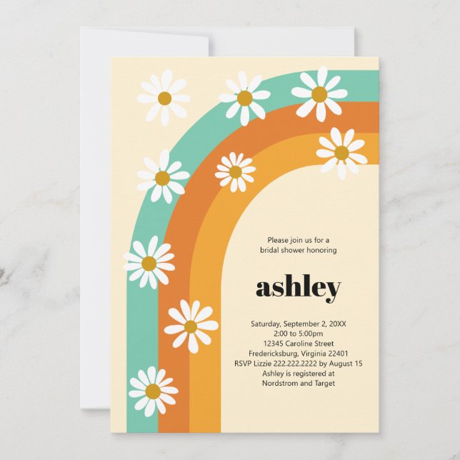 Groovy Rainbow 1970s Boho Daisy Bridal Shower Invitation (Front)