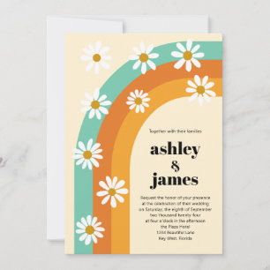 Groovy Rainbow 1970s Style Boho Daisy Wedding Invitation