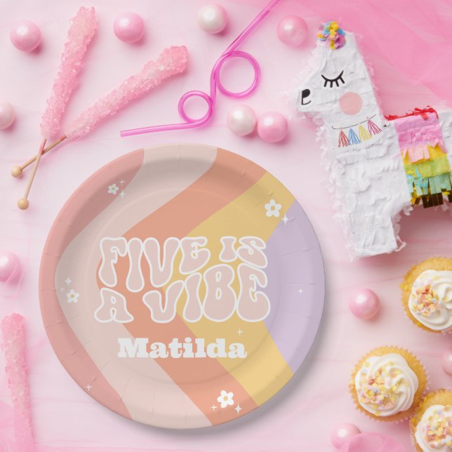 groovy rainbow 5 is a vibe 60's retro daisy cool paper plate (Party)