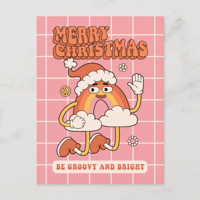Groovy Rainbow Christmas - Be Bright and Merry Holiday Postcard (Front)