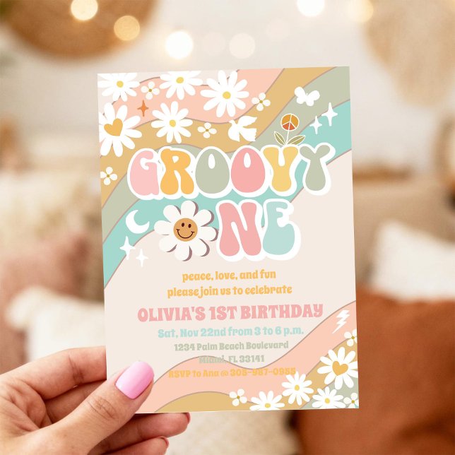 Groovy Rainbow Daisy 1st Birthday Invitation (Creator Uploaded)