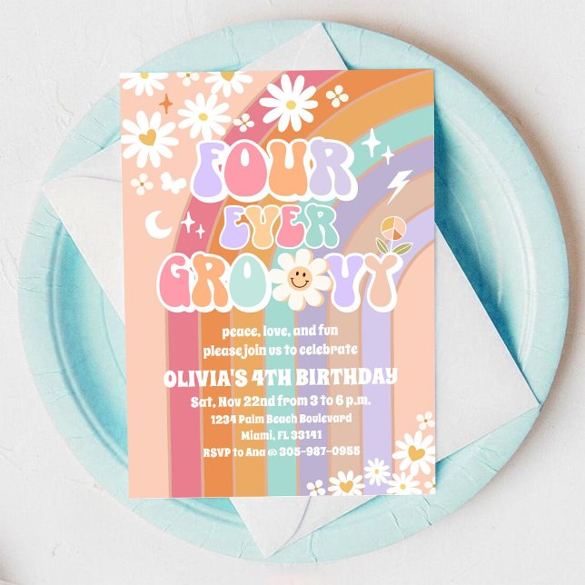 Groovy Rainbow Daisy Birthday Invitation (Creator Uploaded)