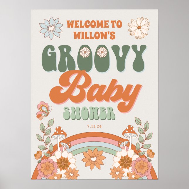Groovy Rainbow Hippie Baby Shower Welcome Poster (Front)