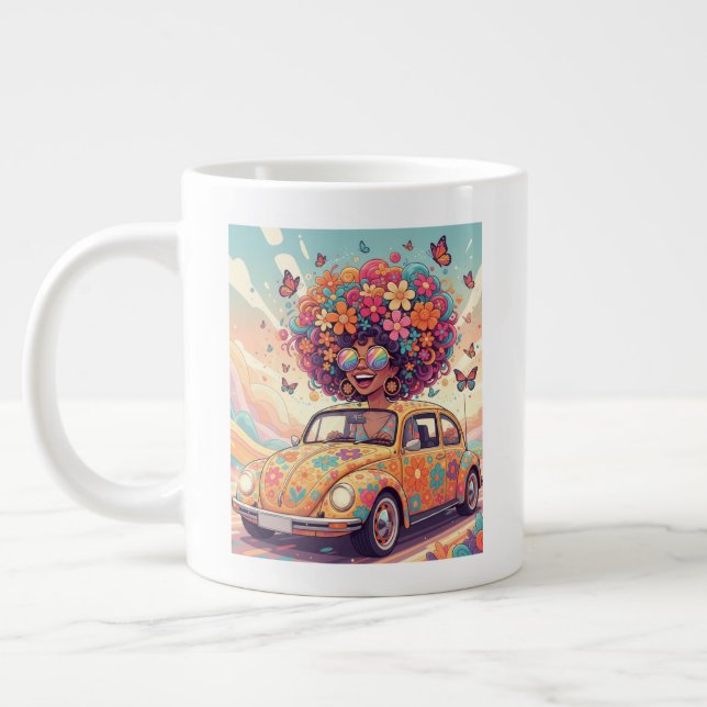 Groovy Rainbow Retro 70s Boho Flower Power Large Coffee Mug (Left)