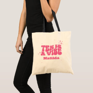 groovy rainbow ten is a vibe 60's retro daisy pink tote bag