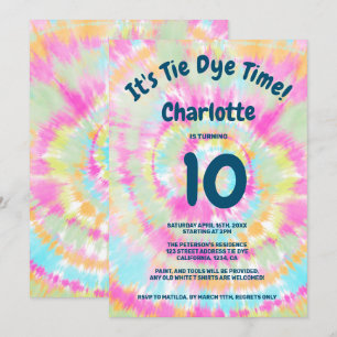 Groovy rainbow tie dye 10th kids birthday party invitation