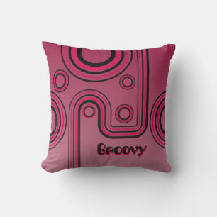 Groovy Retro 1960s Linear Design Pink and Black Cushion