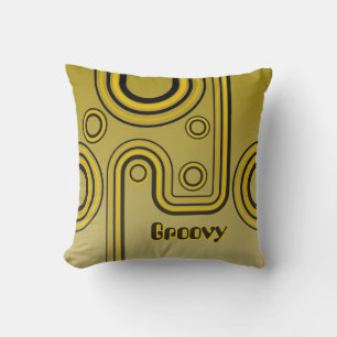 Groovy Retro 1960s Linear Design Yellow and Black Cushion