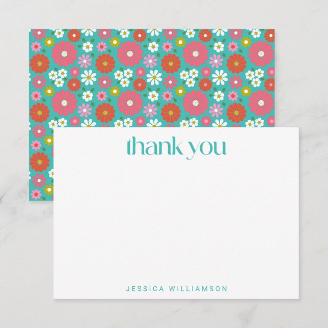 Groovy Retro 50s Flowers Turquoise Bat Mitzvah  Thank You Card (Front/Back)