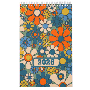 Groovy Retro 60s 70s Floral Pattern 2025 Calendar