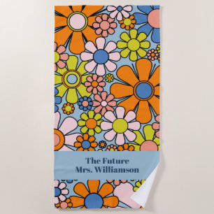Groovy Retro 60s 70s Floral Pattern Bride Bridal Beach Towel