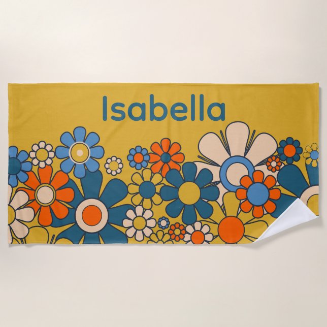 Groovy Retro 60s 70s Flowers Personalised Beach Towel (Front)
