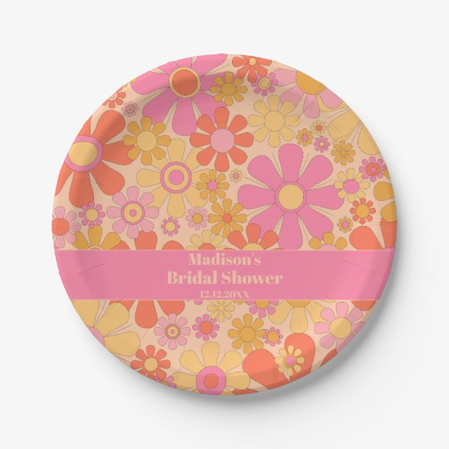 Groovy Retro 60s 70s Flowers Pink and Yellow Paper Plate (Front)