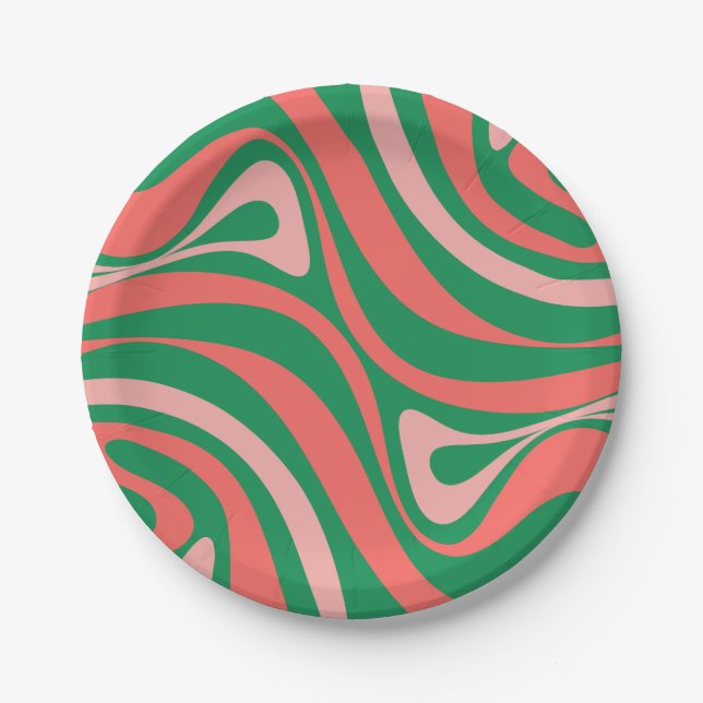 Groovy Retro 60s 70s Swirls in Pink and Green  Paper Plate (Front)