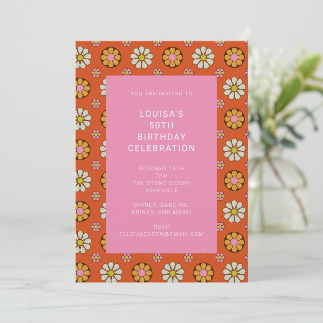 Groovy Retro 60s Flower Orange Pink Birthday Party Invitation (Standing Front)