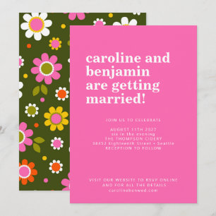 Groovy Retro 60s Flowers Bright Pink Bold Wedding Invitation