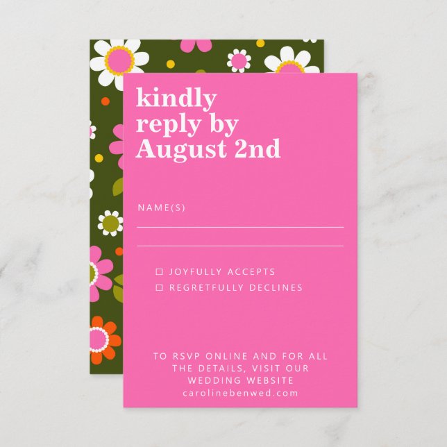Groovy Retro 60s Flowers Bright Pink Green Wedding RSVP Card (Front/Back)