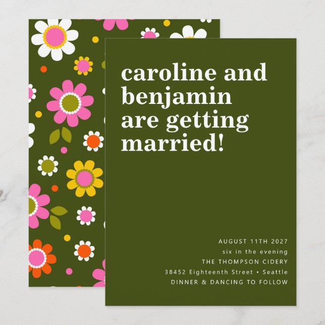 Groovy Retro 60s Flowers Dark Green Boho Wedding Invitation (Front/Back)