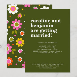 Groovy Retro 60s Flowers Dark Green Bold Wedding Invitation