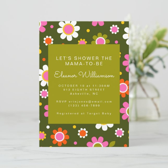 Groovy Retro 60s Flowers Olive Green Baby Shower Invitation (Standing Front)