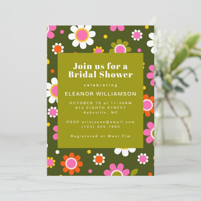 Groovy Retro 60s Flowers Olive Green Bridal Shower Invitation (Standing Front)