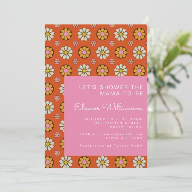 Groovy Retro 60s Flowers Orange Pink Baby Shower Invitation (Standing Front)