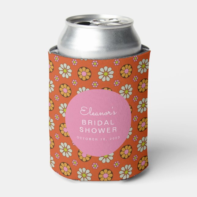 Groovy Retro 60s Flowers Orange Pink Bridal Shower Can Cooler (Can Front)