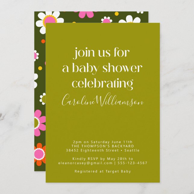 Groovy Retro 60s Flowers Pink Green Baby Shower Invitation (Front/Back)