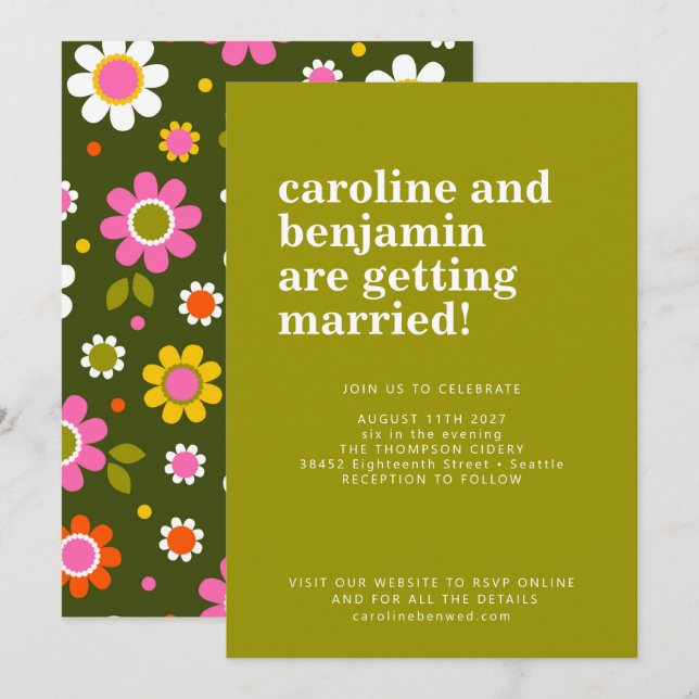 Groovy Retro 60s Flowers Pink Green Bold Wedding Invitation (Front/Back)