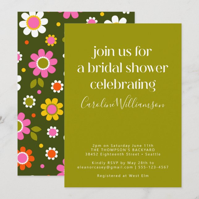 Groovy Retro 60s Flowers Pink Green Bridal Shower Invitation (Front/Back)