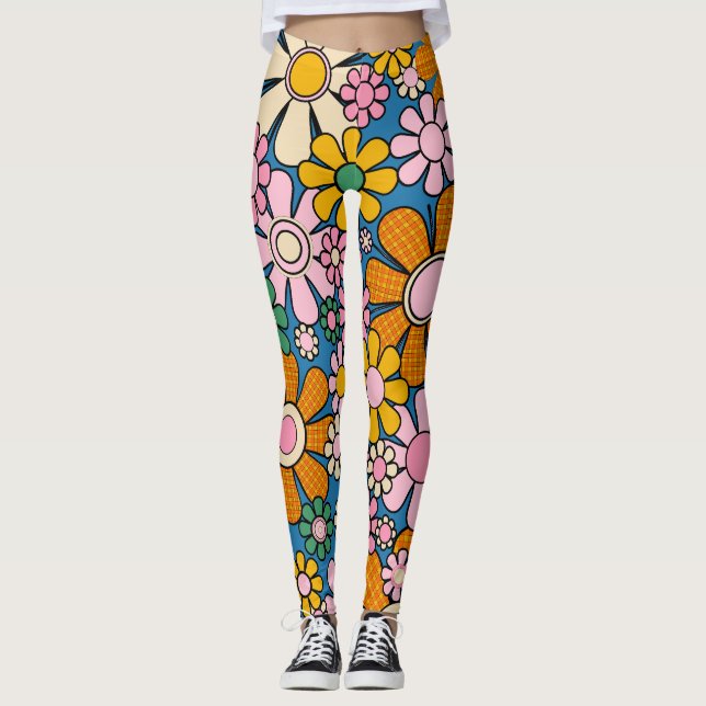 Groovy Retro 60s Hippie Flowers Cheerful Vintage Leggings (Front)