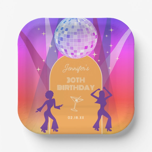 Groovy Retro 70s 80s Disco 30th Birthday Party Paper Plate (Front)