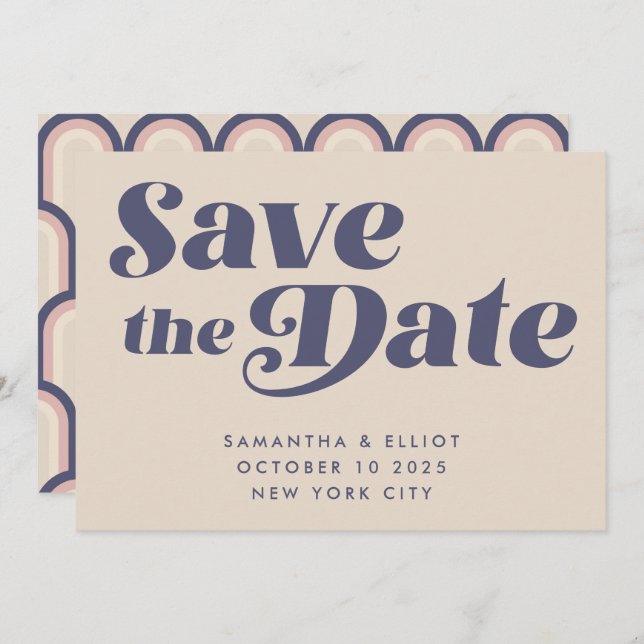 Groovy Retro 70s Beige Navy Blue Simple Save The Date (Front/Back)