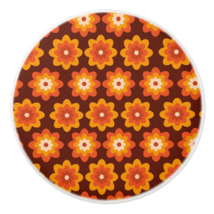 Groovy retro 70s boho hippie orange flower pattern ceramic knob