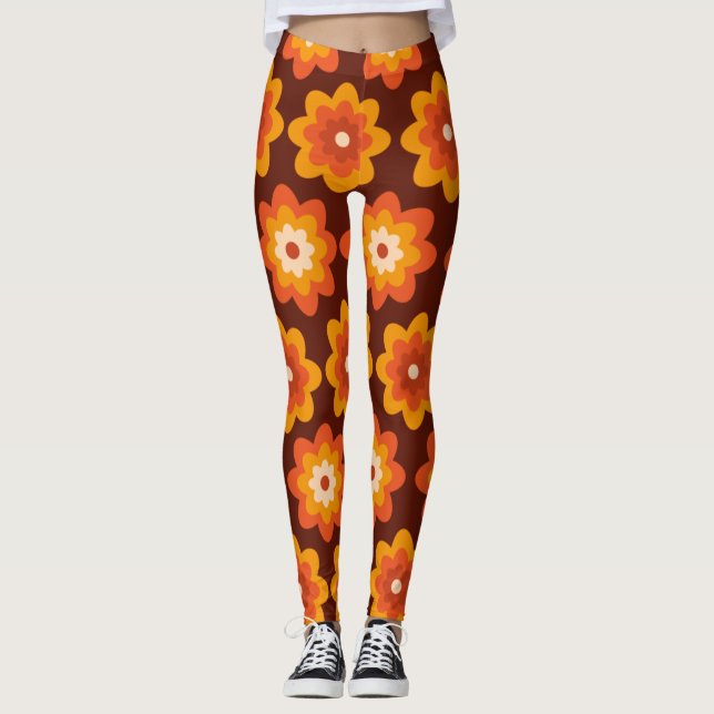 Groovy retro 70s boho hippie orange flower pattern leggings (Front)